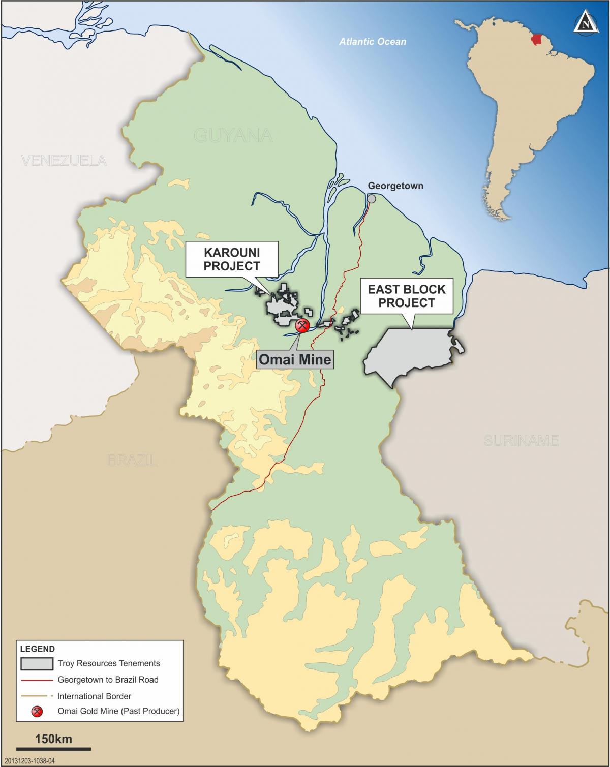 kart over Guyana viser mineralske ressurser