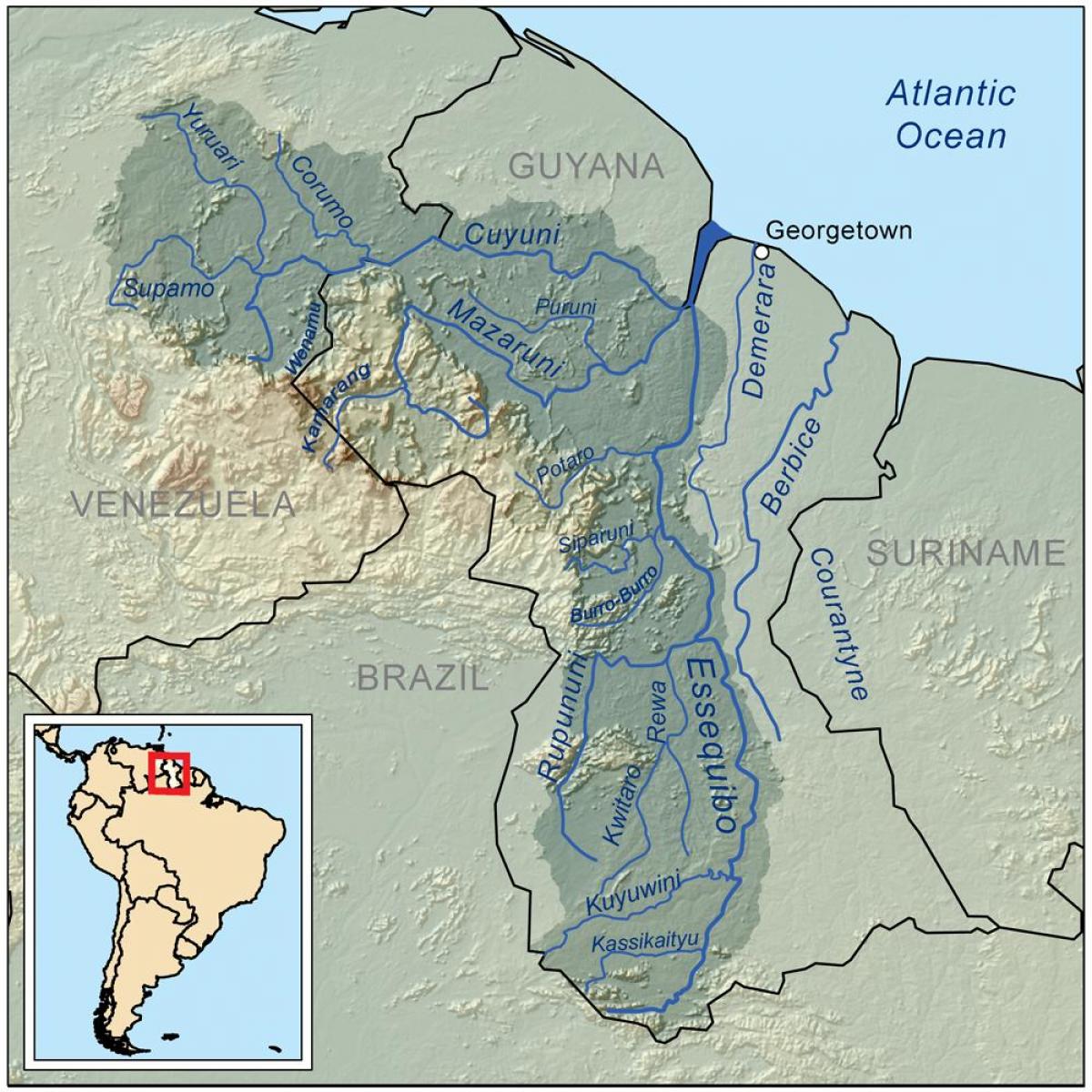 kart over Guyana viser de tre største elvene