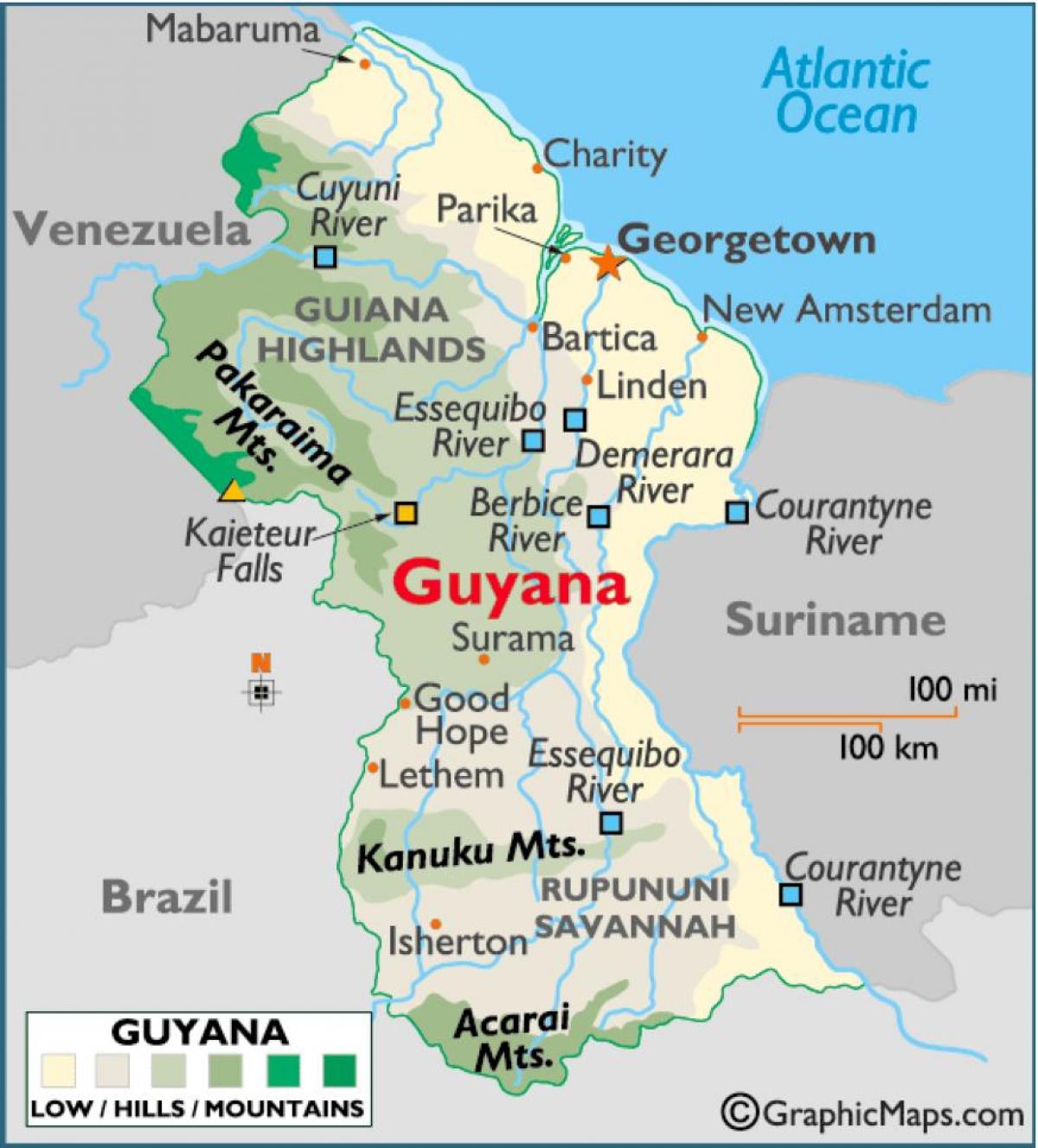 kart over Guyana viser fjellkjeder