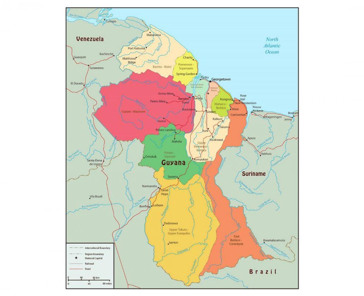 kart over Guyana viser 10 administrative regioner