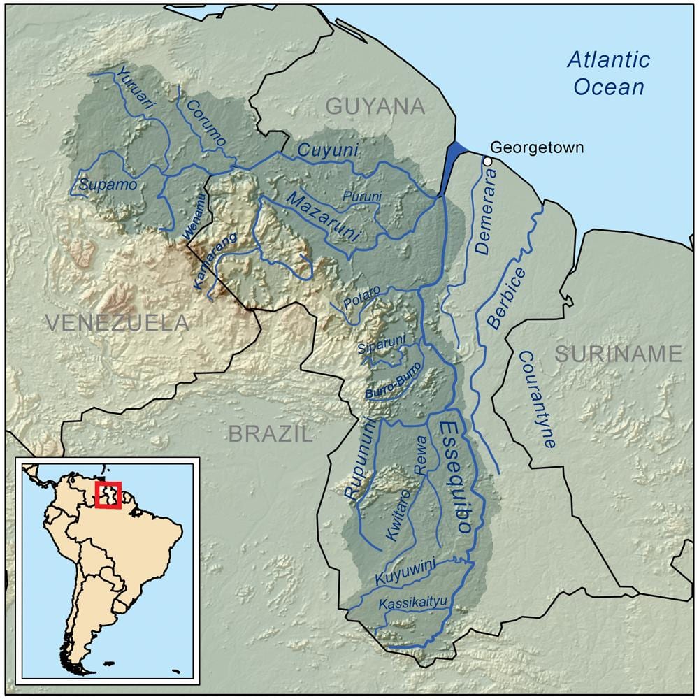 kart over Guyana viser elver