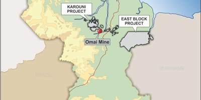 Kart over Guyana viser mineralske ressurser