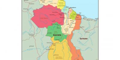 Kart over Guyana viser 10 administrative regioner