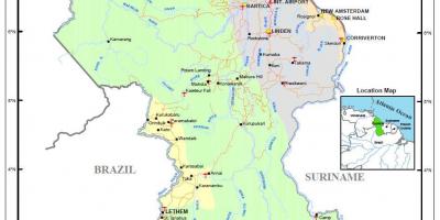Kart over Guyana viser naturressurser
